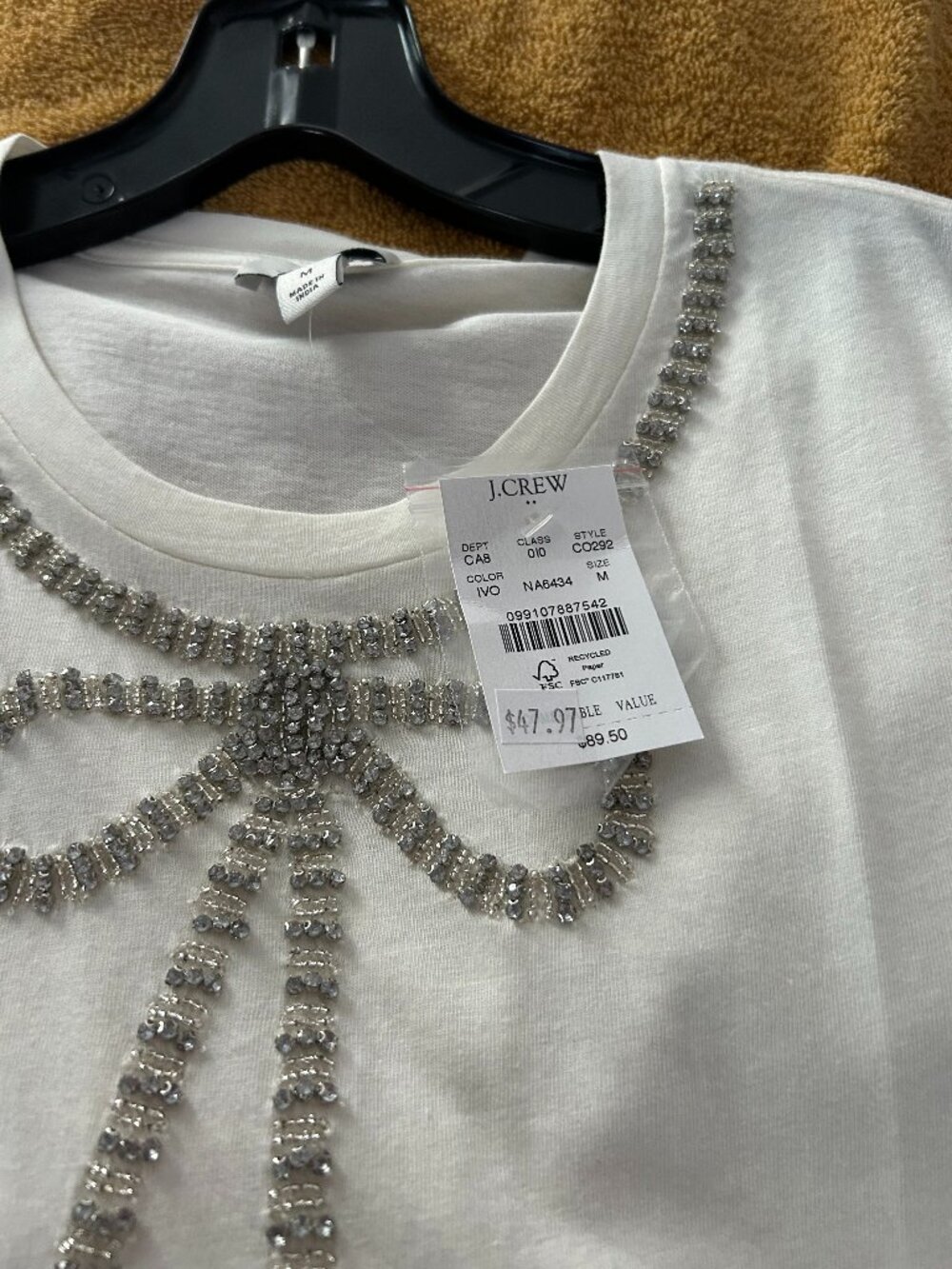 JCrew Factory White Rhinestone Embellished Bow T-shirt, Size Medium, With Tags